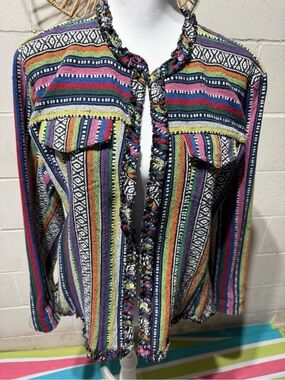 Boho Chico’s Vintage women’sMulticolor Fringe-Trim Womens Top